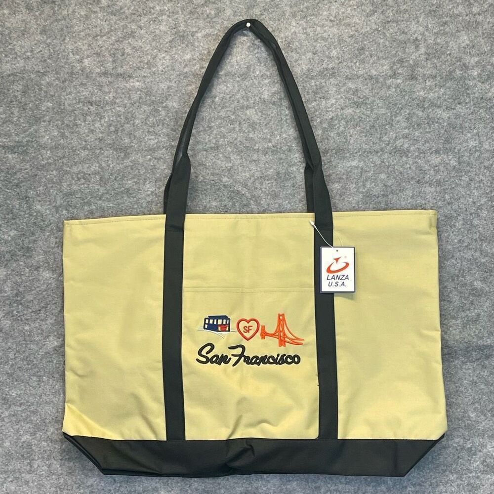 NWT San‎ Francisco Skyline Tote Bag Unisex Large Cream Black Embroidered Lanza